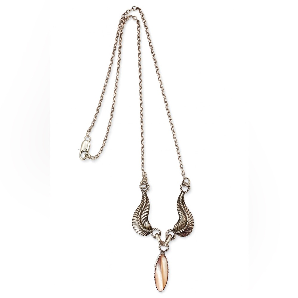 Vintage Sterling Silver Necklace Signed E. Mc. – Mother of Pearl Pendant